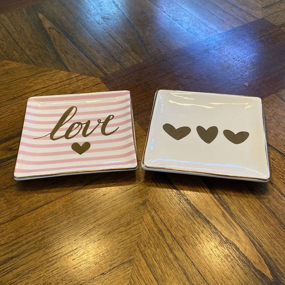 2 Valentine's Day Theme Ceramic Trinket Dishes in Ivory & Pink w/Gold Foil Print
